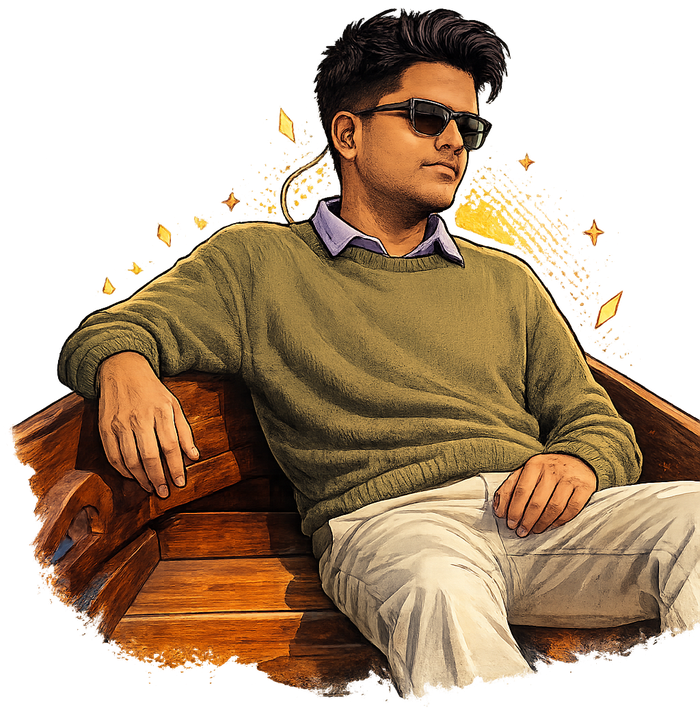 Illustrated portrait of Mayank Ghatawal in sunglasses, relaxing in a wooden boat